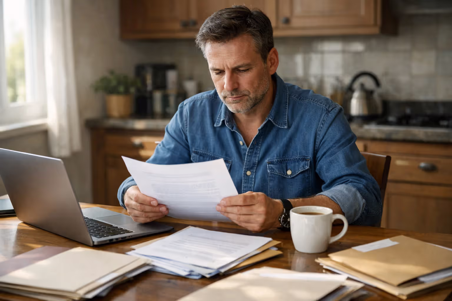 Person reviewing settlement paperwork and documents at a kitchen table with laptop and coffee cup