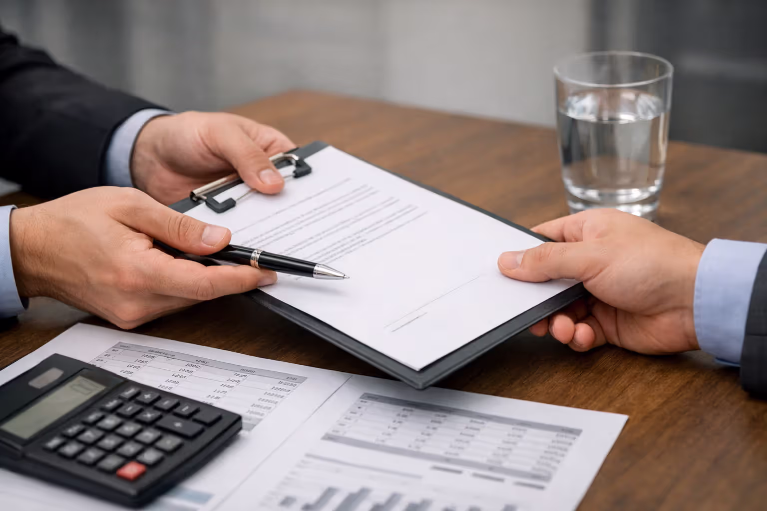 Two people at a negotiation table, one handing over a contract document with pen, financial spreadsheets and calculator visible