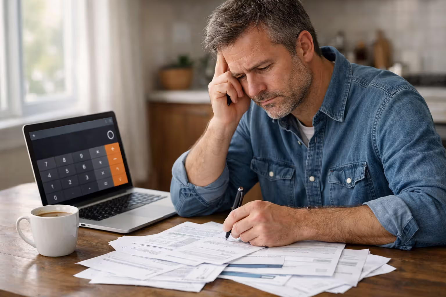 Person sitting at kitchen table reviewing financial documents medical bills and bank statements while calculating expenses on laptop