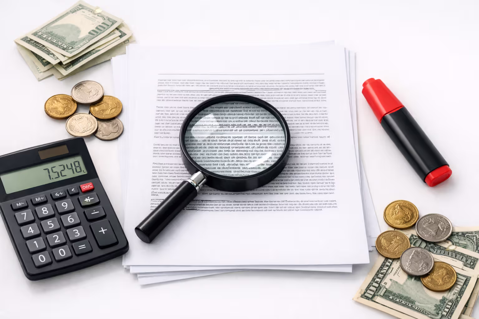 Magnifying glass over contract fine print on desk with calculator coins and highlighter representing hidden fees analysis