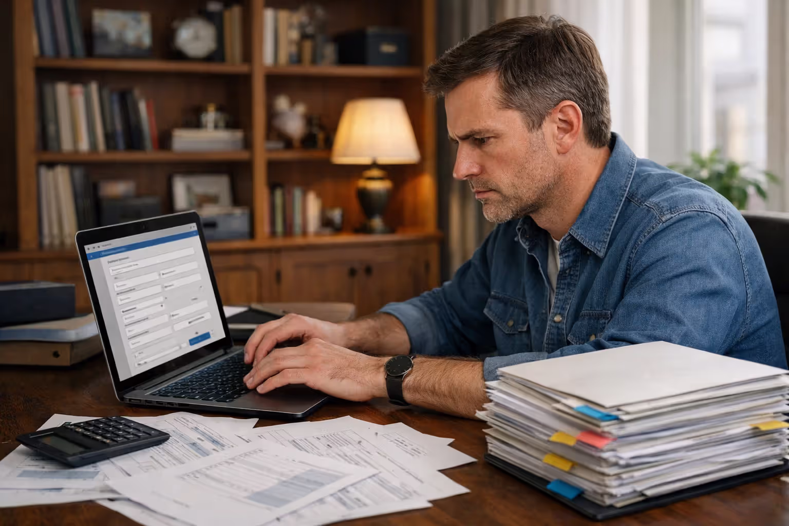 Person reviewing financial documents at laptop while preparing structured settlement application