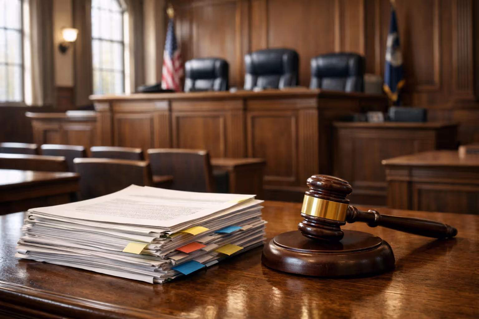 Empty courtroom with judge gavel and legal documents on bench representing court approval hearing
