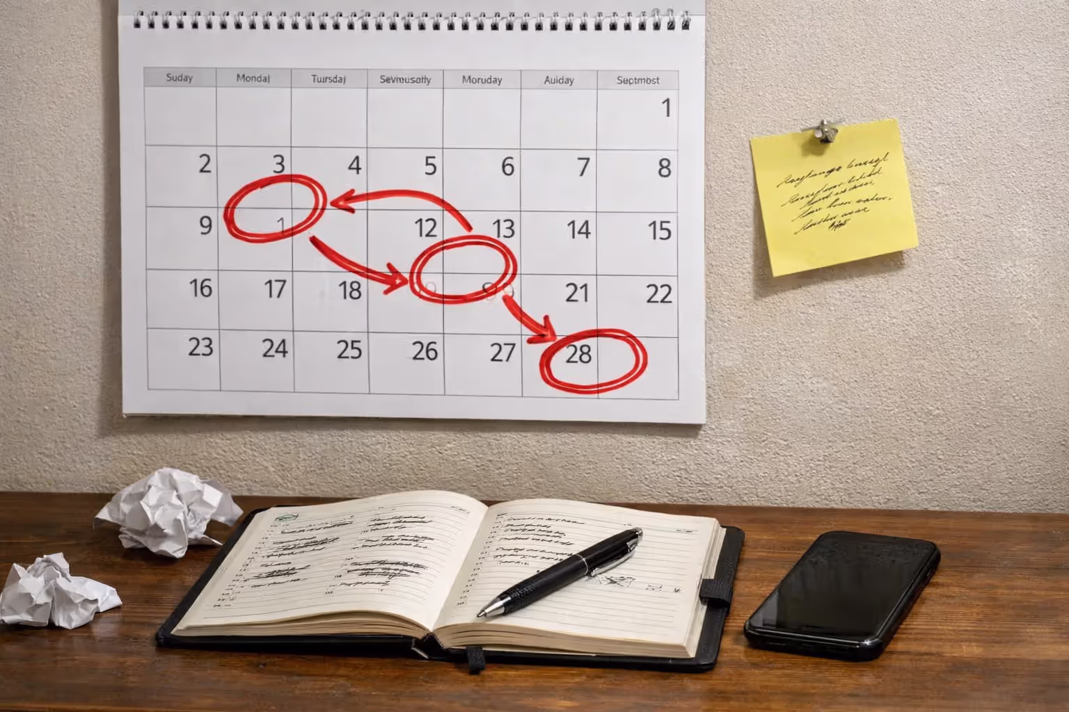 Wall calendar with circled dates and arrows showing schedule delays and court continuances