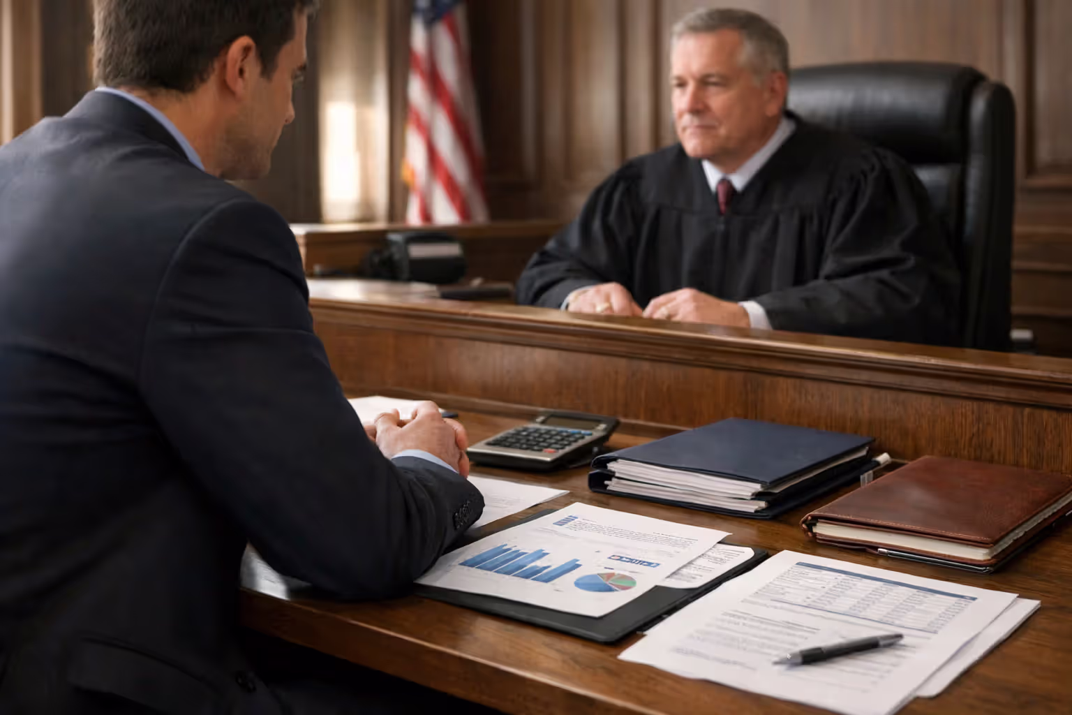 Person in business attire sitting at table with documents facing a judge in courtroom during structured settlement hearing