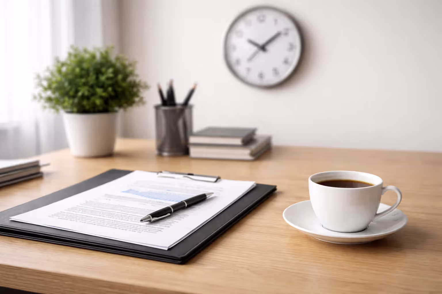 Wall calendar with marked dates and timeline arrows next to clock in office setting with document folder and coffee cup