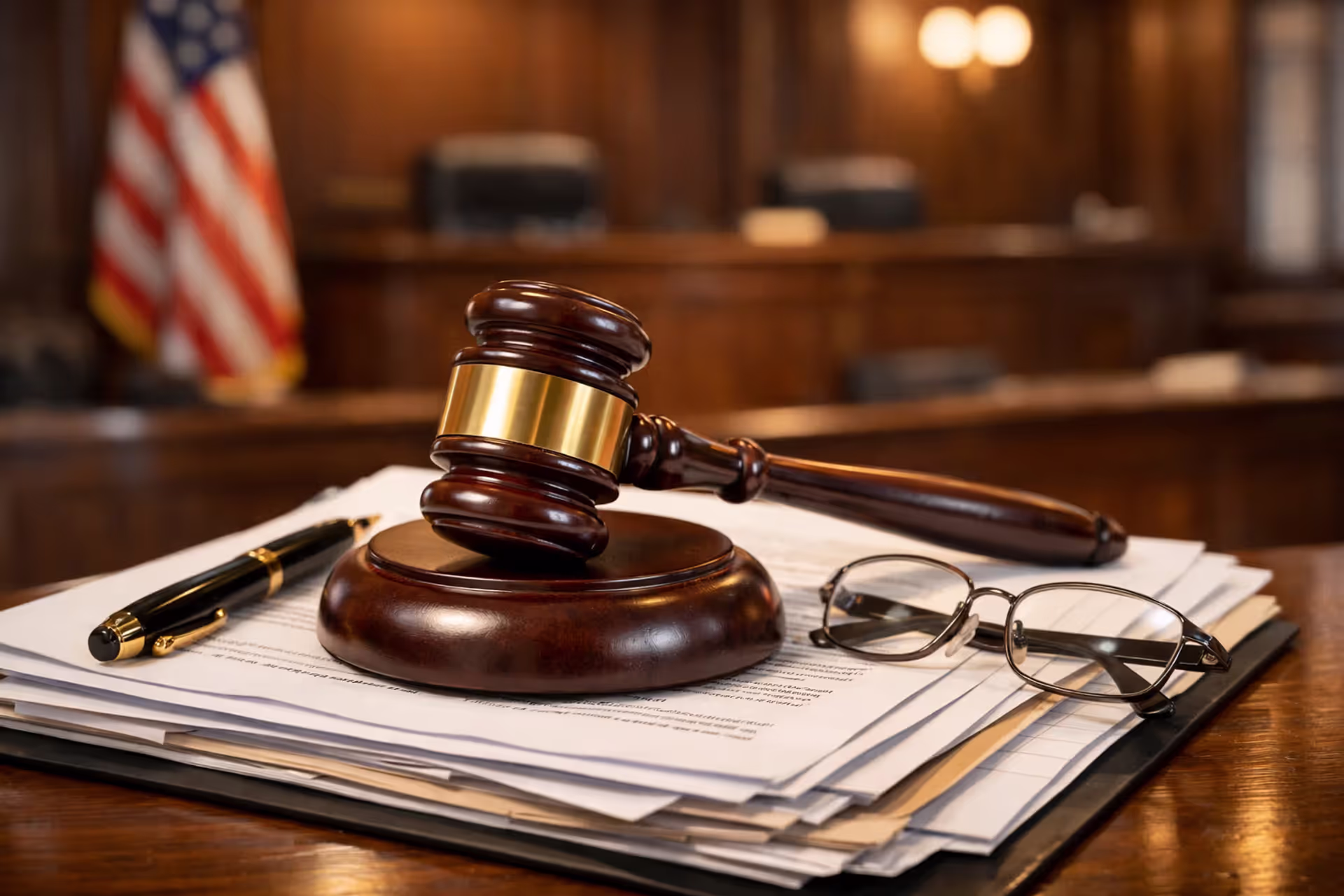 Judges gavel resting on stack of legal documents and contracts on courtroom desk with pen and glasses