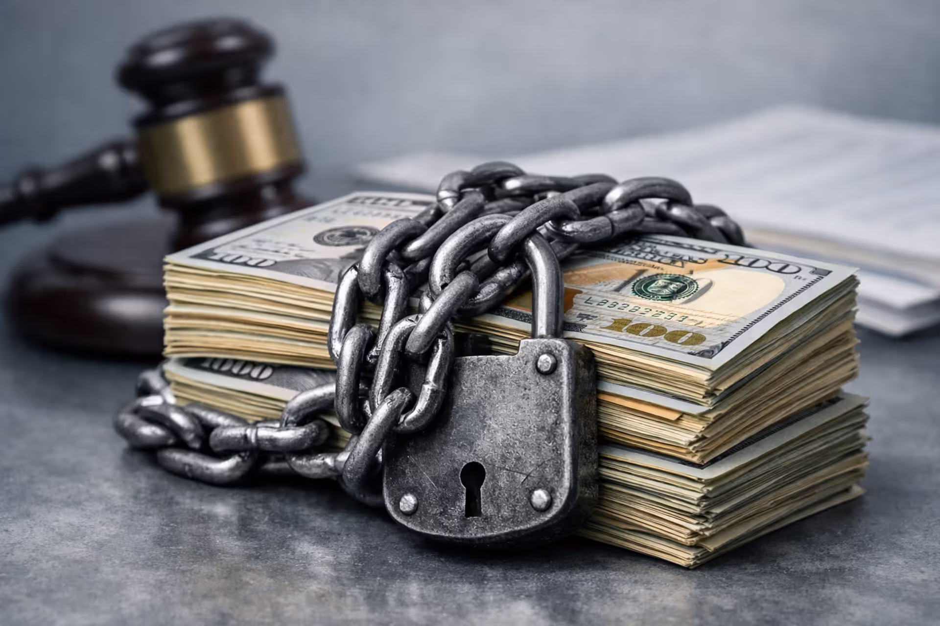 Locked stack of dollar bills with heavy chain and padlock, judge gavel and legal documents in blurred background, concept of structured settlement liquidity restrictions