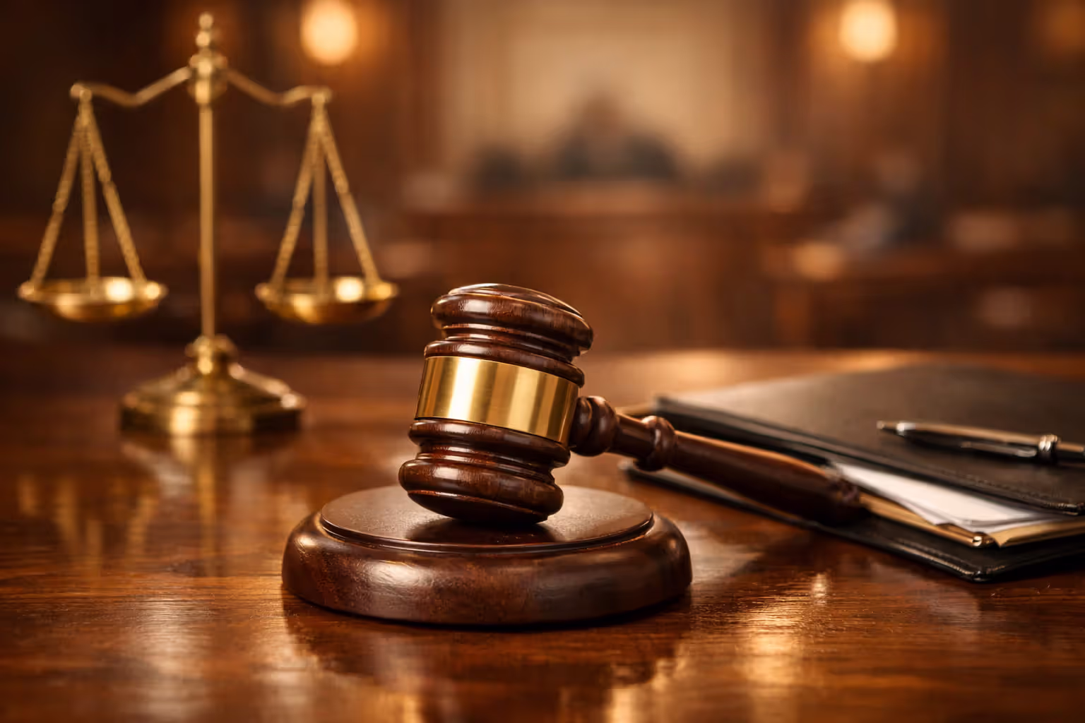 Judge gavel on wooden desk next to scales of justice and legal documents folder in a courtroom setting