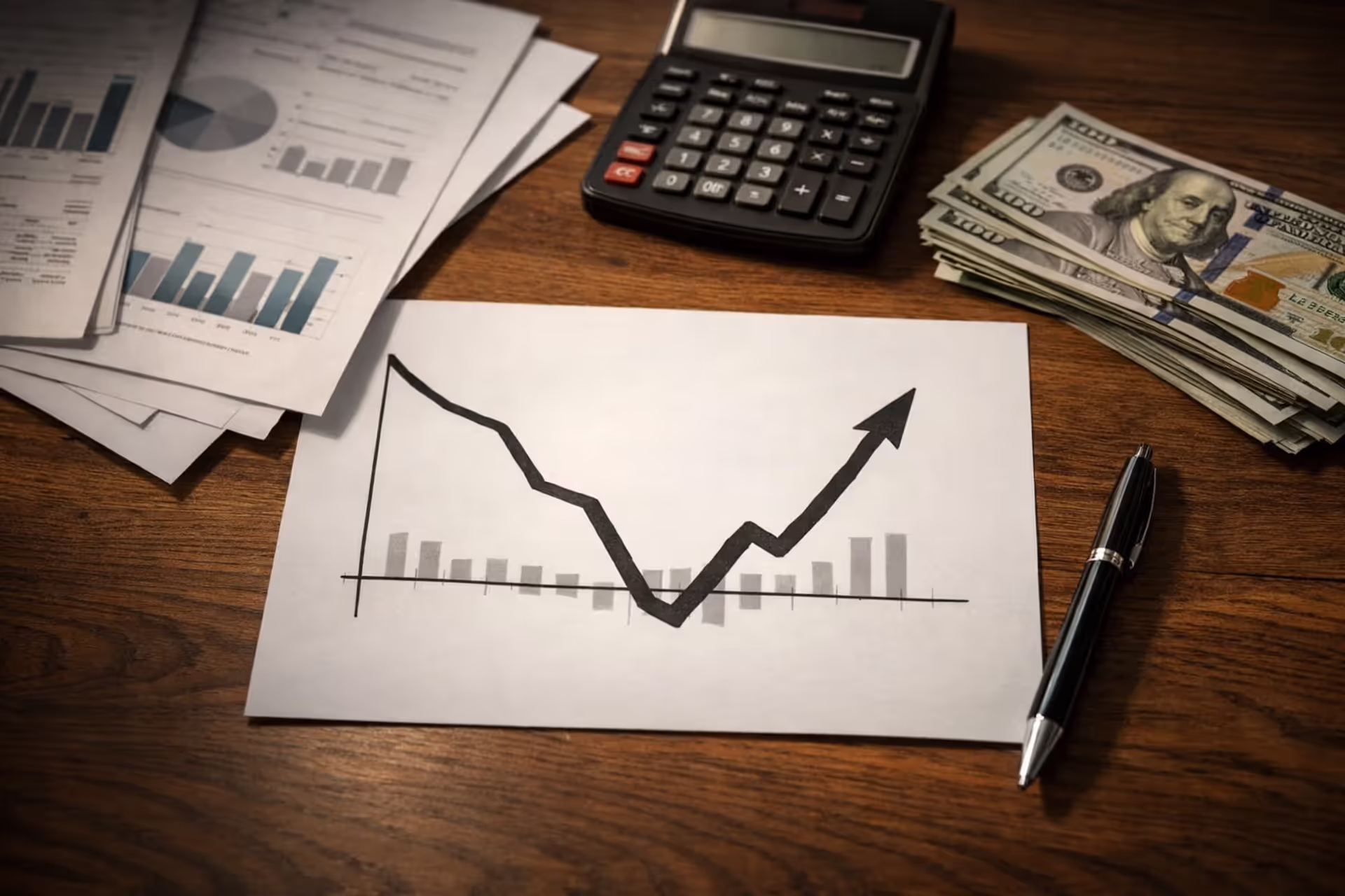 Financial documents, calculator, pen and stack of dollar bills on a desk with a cash flow chart, top-down view