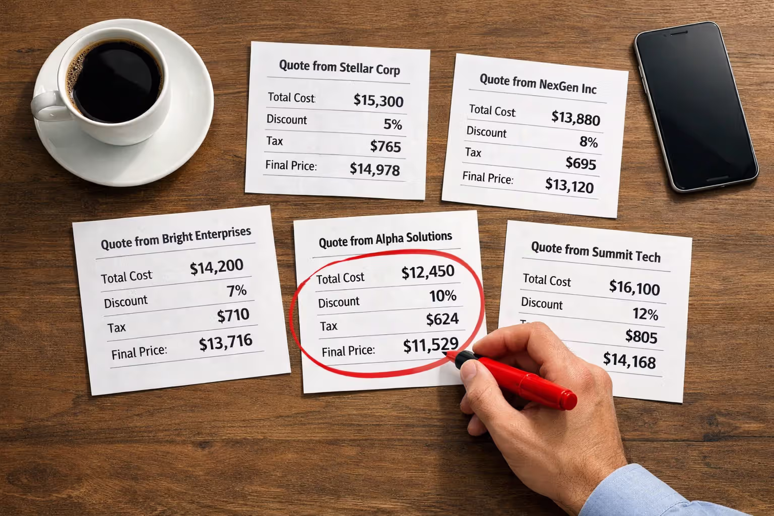 Top-down view of five different structured settlement purchase quotes spread on a desk with a hand circling the best offer using a marker