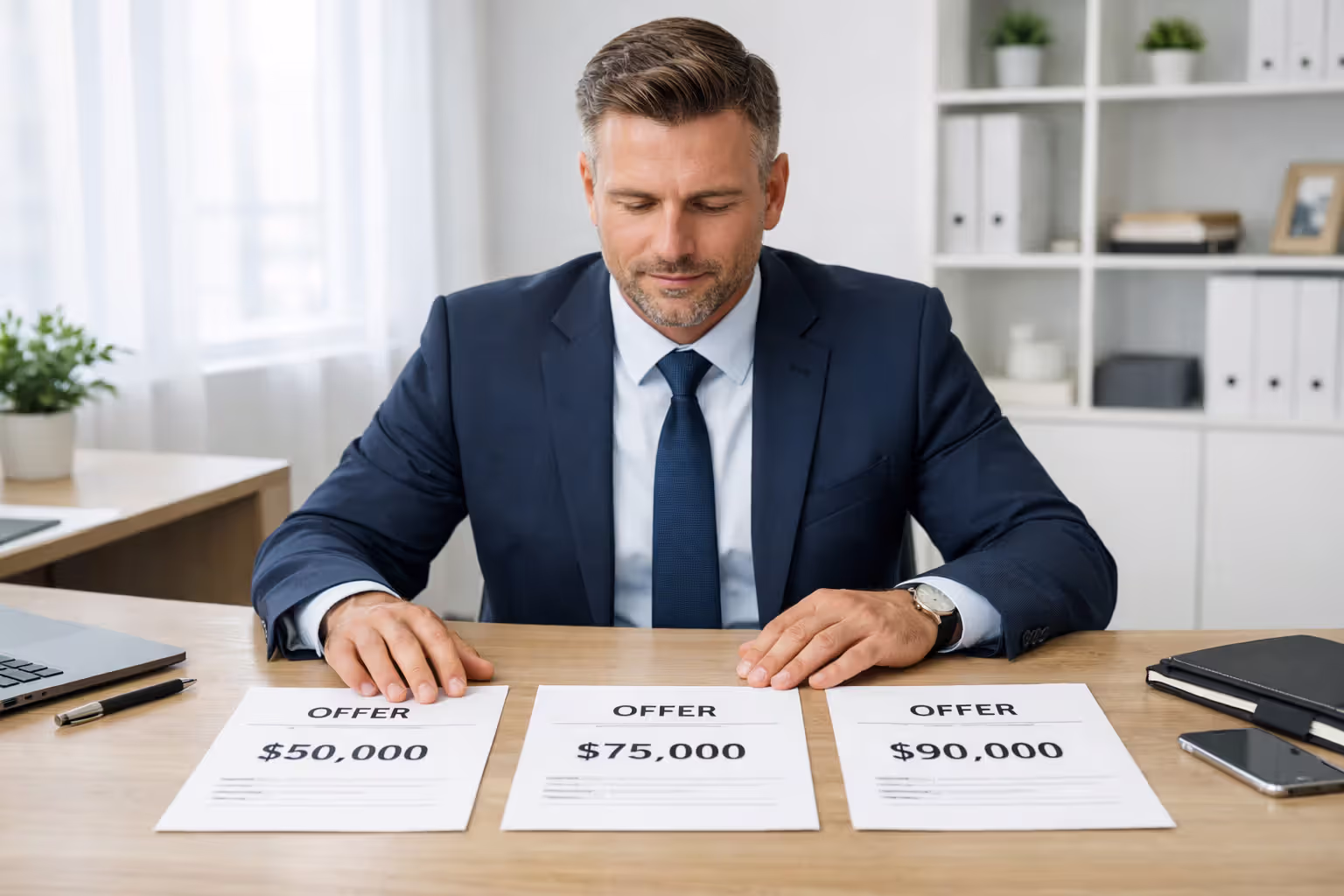 Person in business attire calmly comparing three different financial offers spread on a desk