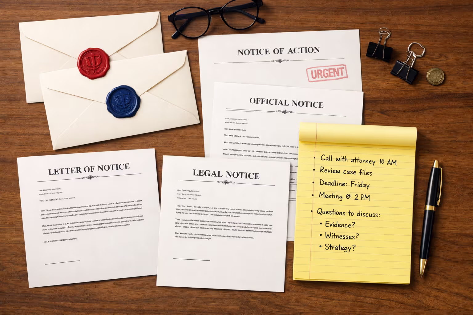 Flat lay of legal notification documents, official envelopes, handwritten notes on yellow legal pad, and pen on desk