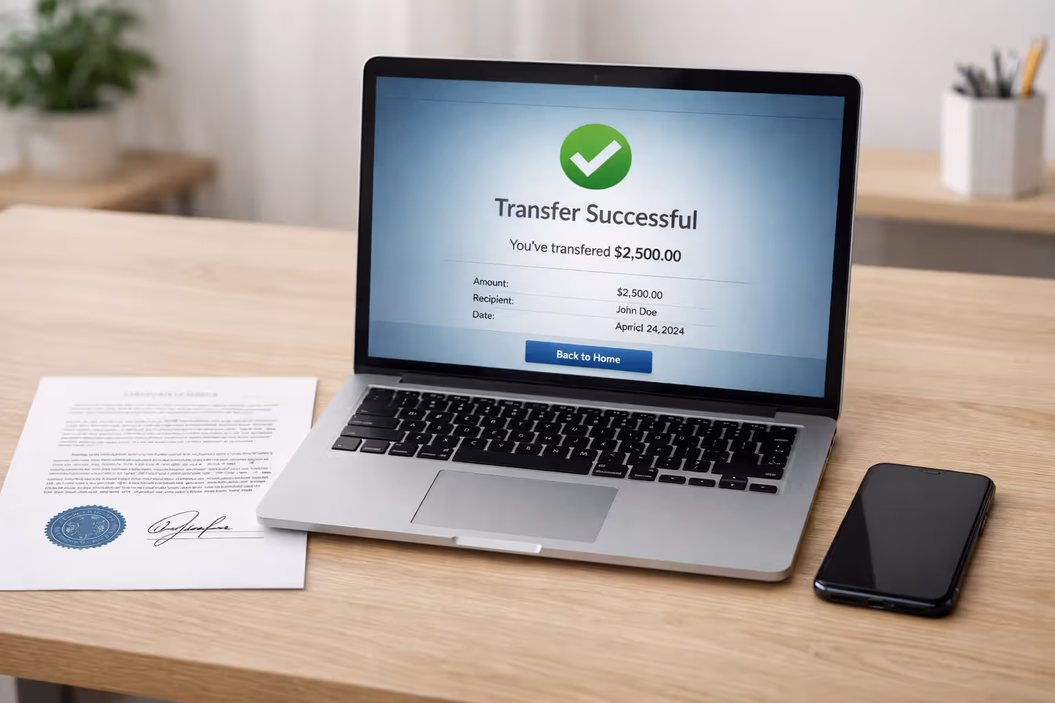 Laptop screen showing bank transfer confirmation next to signed court order document and smartphone on office desk