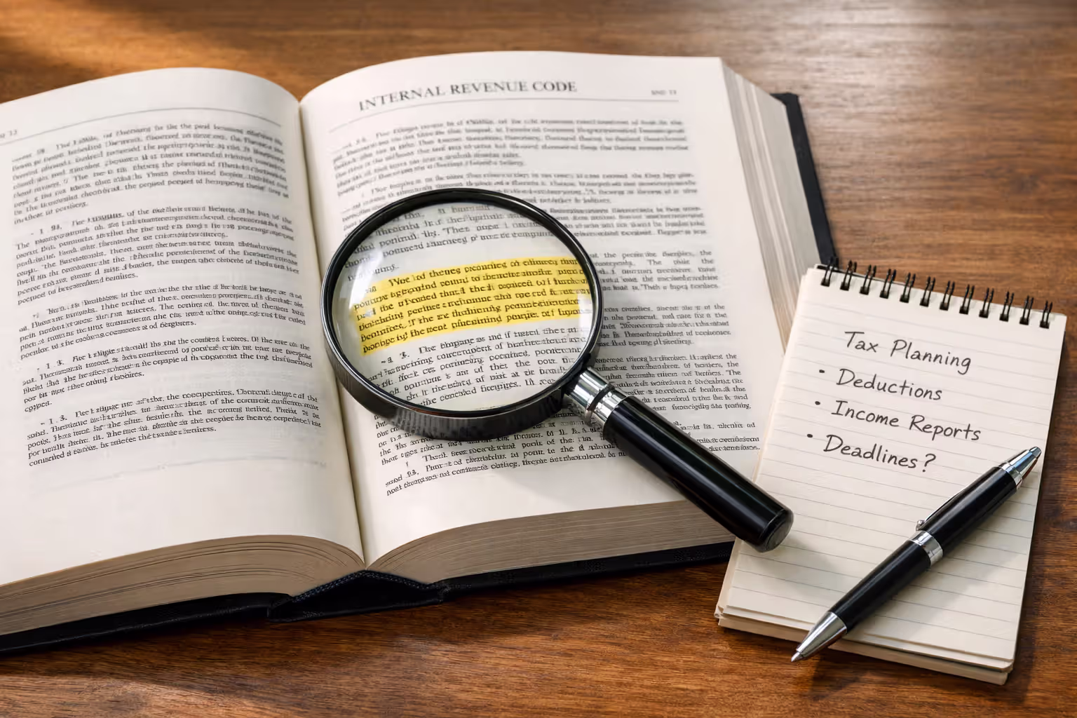Open U.S. tax code book with magnifying glass highlighting a section, pen and notepad nearby, representing IRS settlement taxation rules