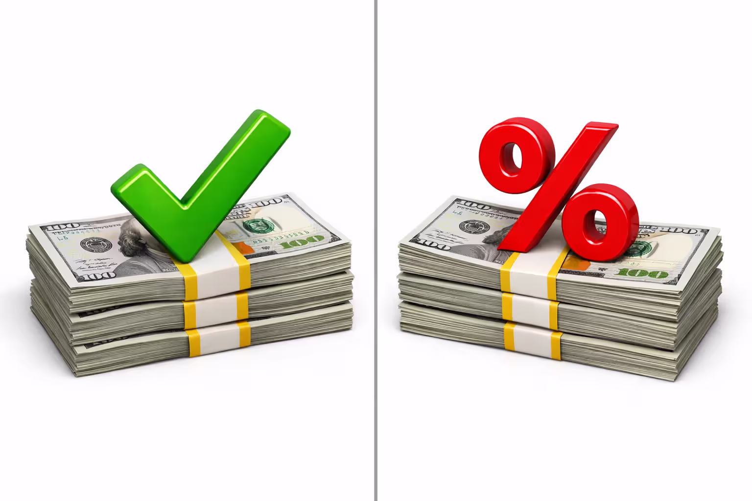 Split image comparing tax-free settlement money with green checkmark on left and taxable portion with red percentage sign on right