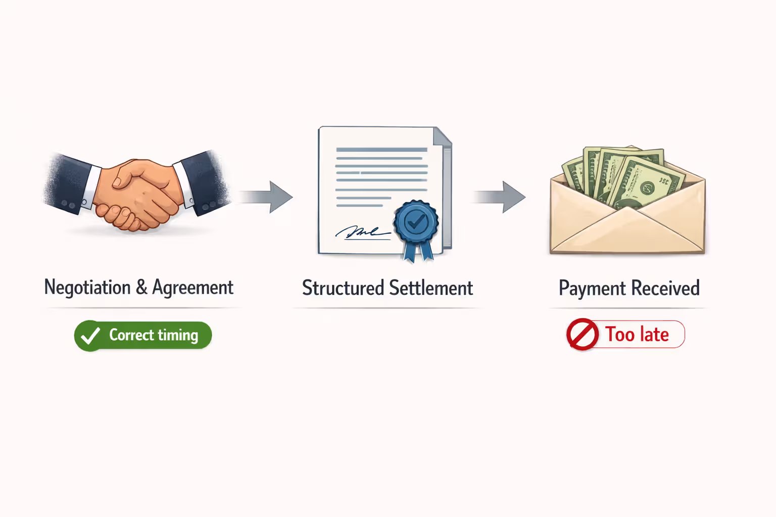 Timeline diagram showing three steps of structured settlement process with correct timing marked green and late restructuring marked red