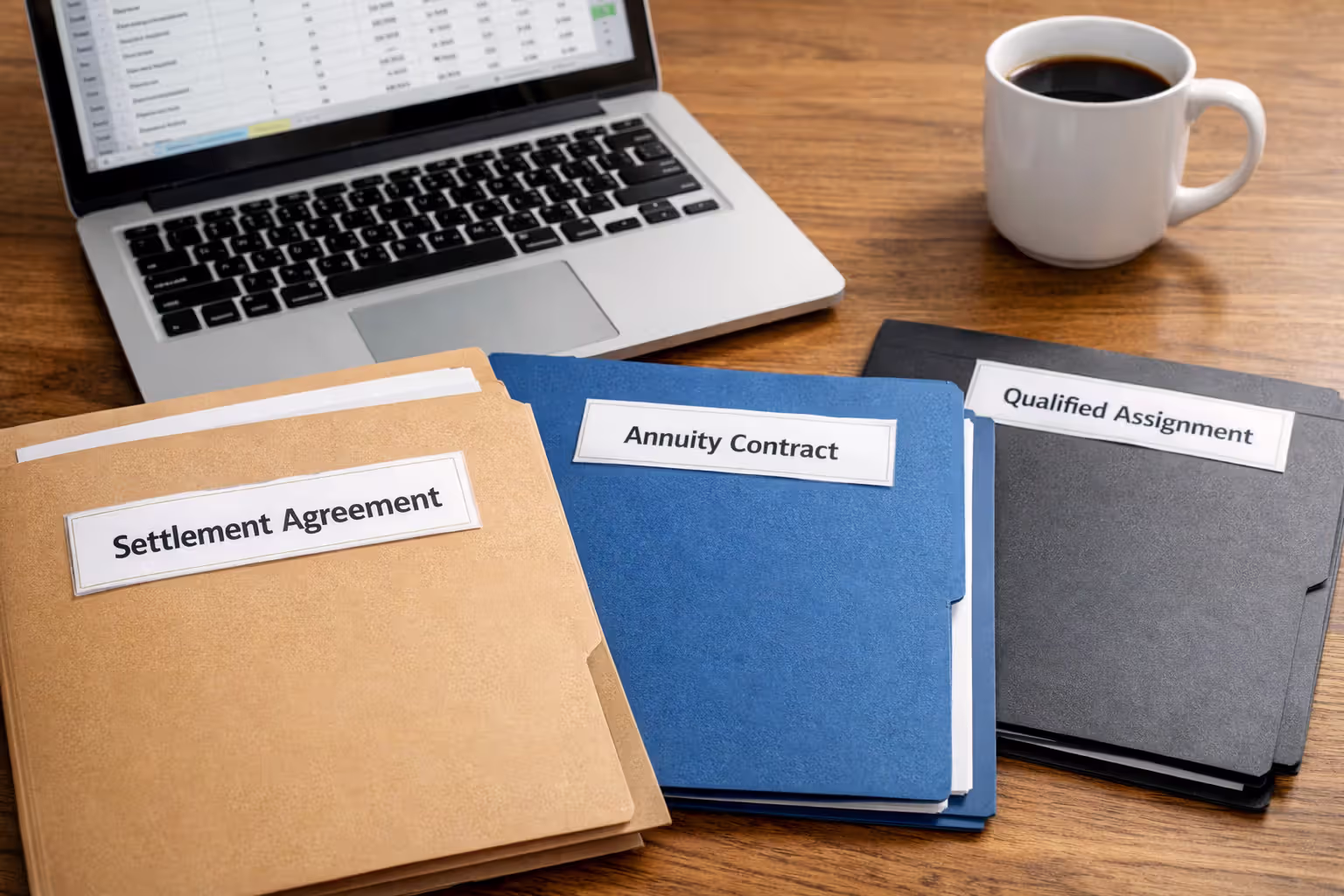 Organized folders labeled Settlement Agreement, Annuity Contract, and Qualified Assignment on desk with laptop and coffee mug