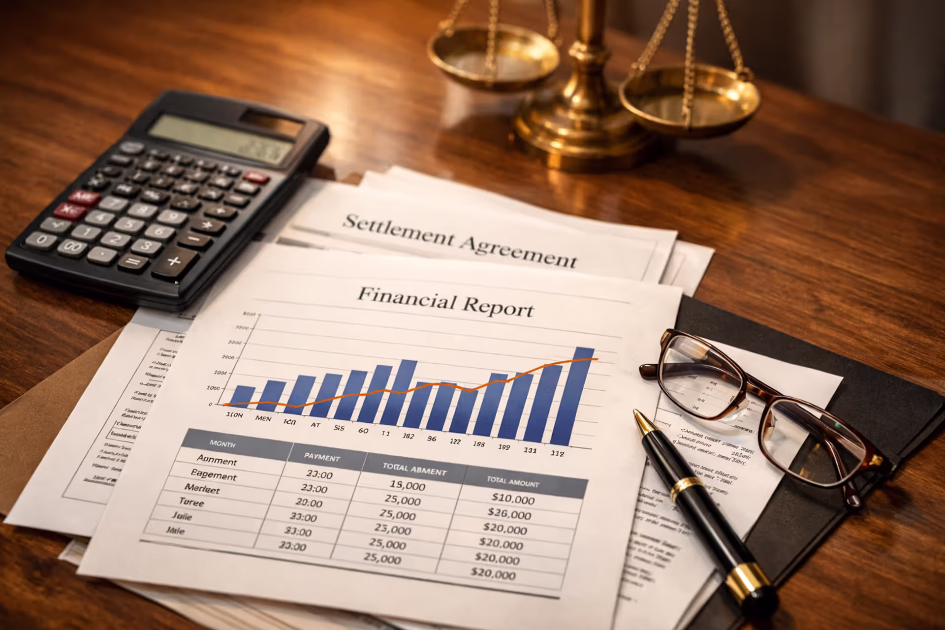 Desk with legal settlement documents, financial charts, calculator, pen, glasses, and scales of justice in background
