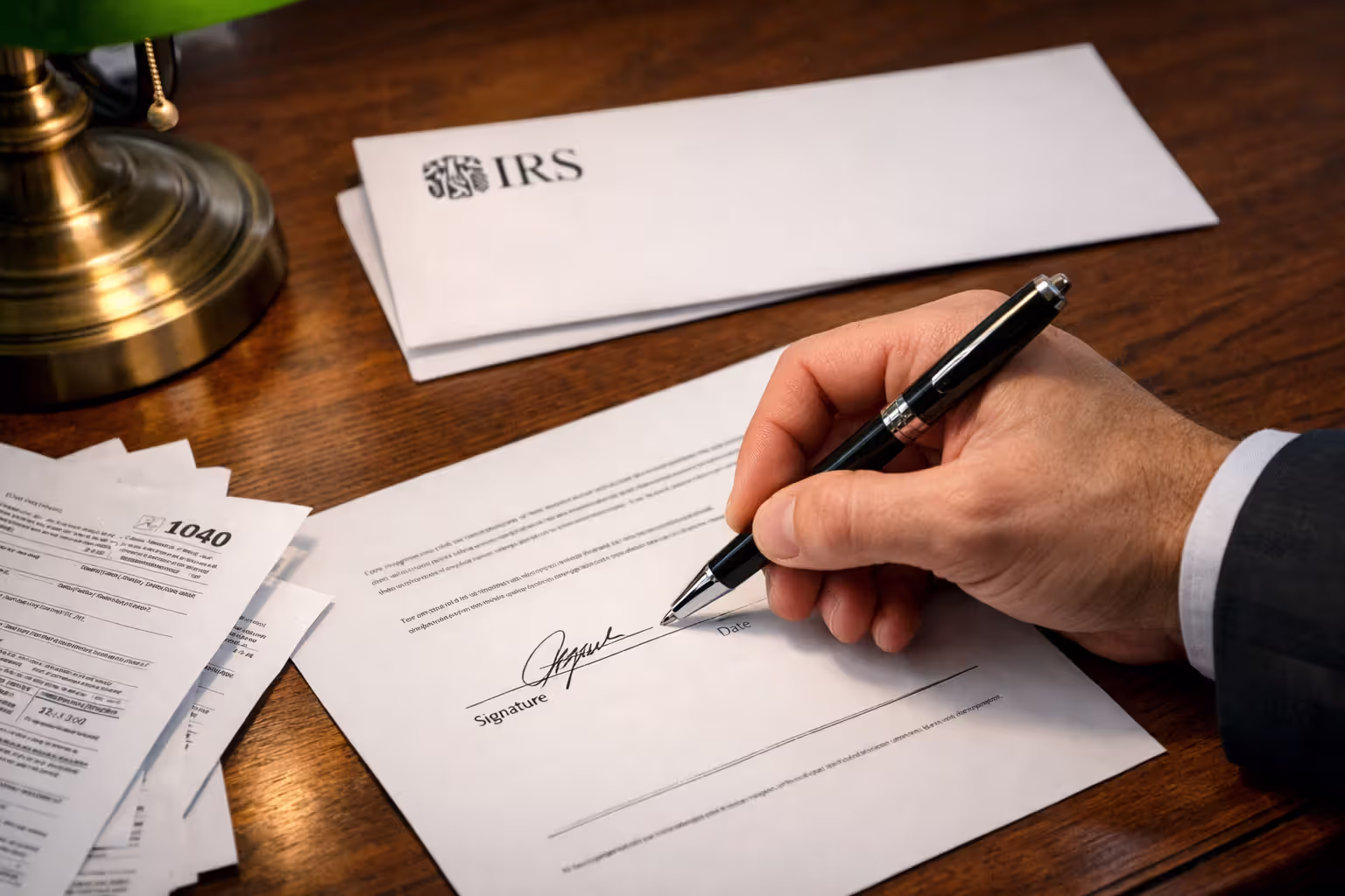 A close-up of a hand signing an official document on a wooden desk with IRS tax forms and an envelope nearby