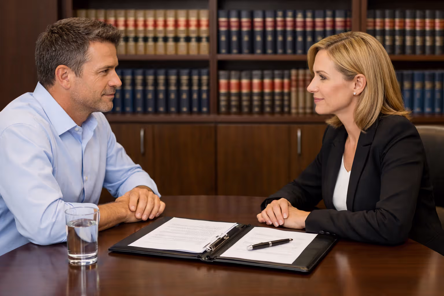 A man and a woman in business attire sitting across from each other at a meeting table reviewing documents in a professional office with legal books in the background