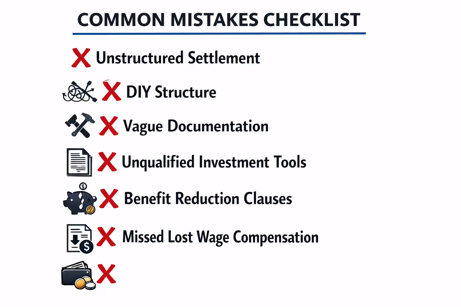 Checklist of six common structured settlement mistakes that disqualify tax benefits including poor allocation, DIY structures, and vague documentation