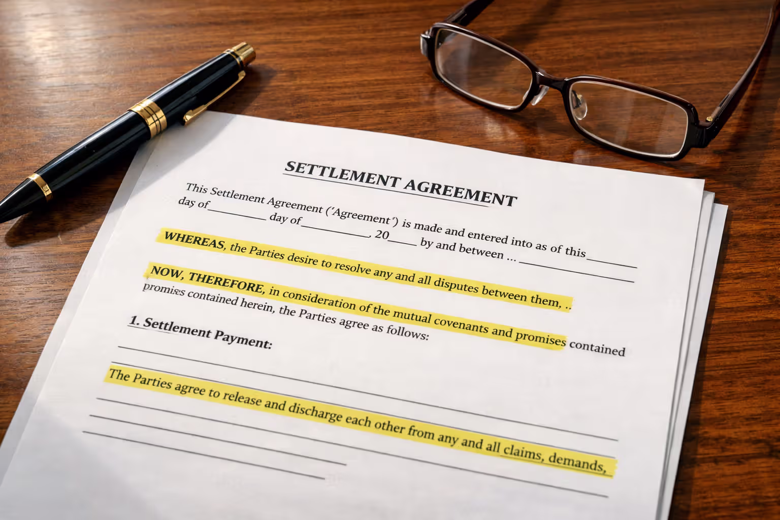 Close-up of a legal settlement agreement document on a wooden desk with a pen, reading glasses, and highlighted text lines
