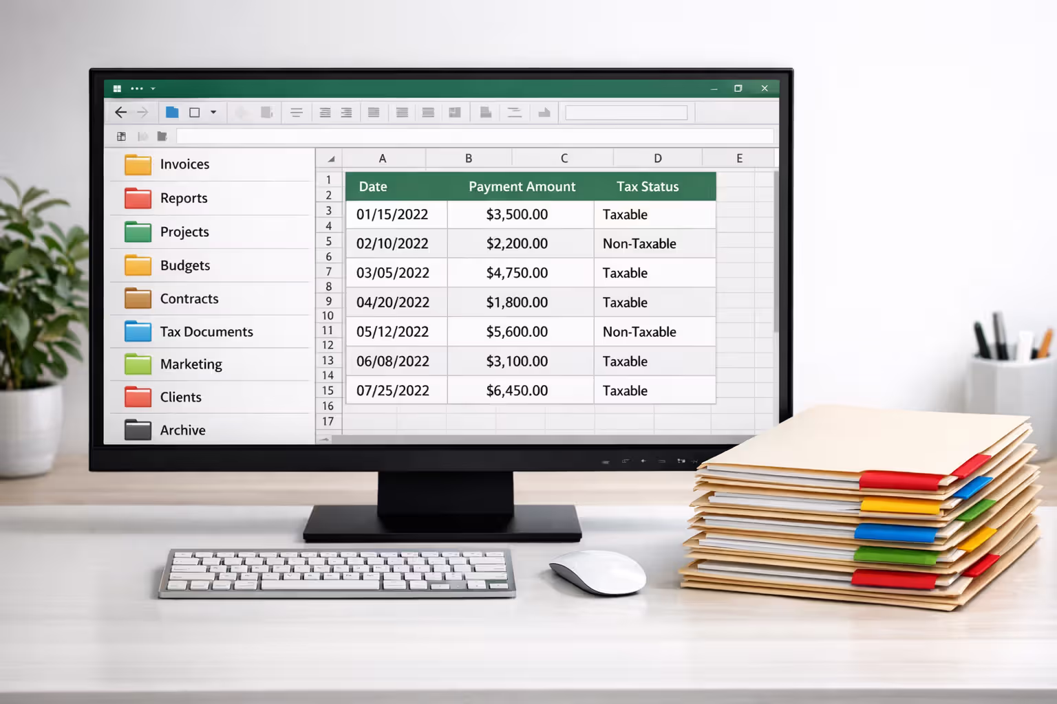 Computer screen showing organized digital folder system and Excel spreadsheet with payment tracking, next to neatly labeled paper file folders on a clean home office desk