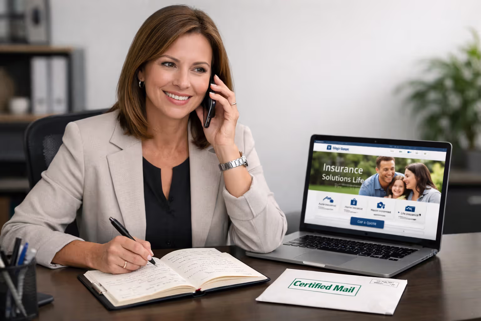 Woman on a phone call at her desk taking notes in a notebook, with a laptop showing an insurance company website and a certified mail envelope nearby