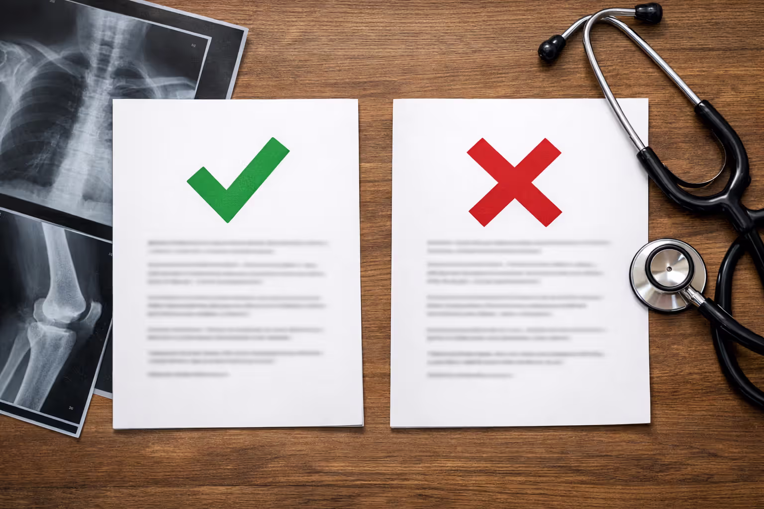 Two legal documents on desk one with green checkmark one with red cross alongside X-ray images and stethoscope representing qualifying and non-qualifying injury claims