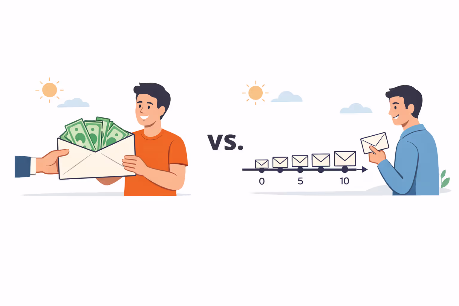 Split image comparing lump sum payment as single large cash envelope versus structured settlement shown as series of smaller envelopes along a 20-year timeline