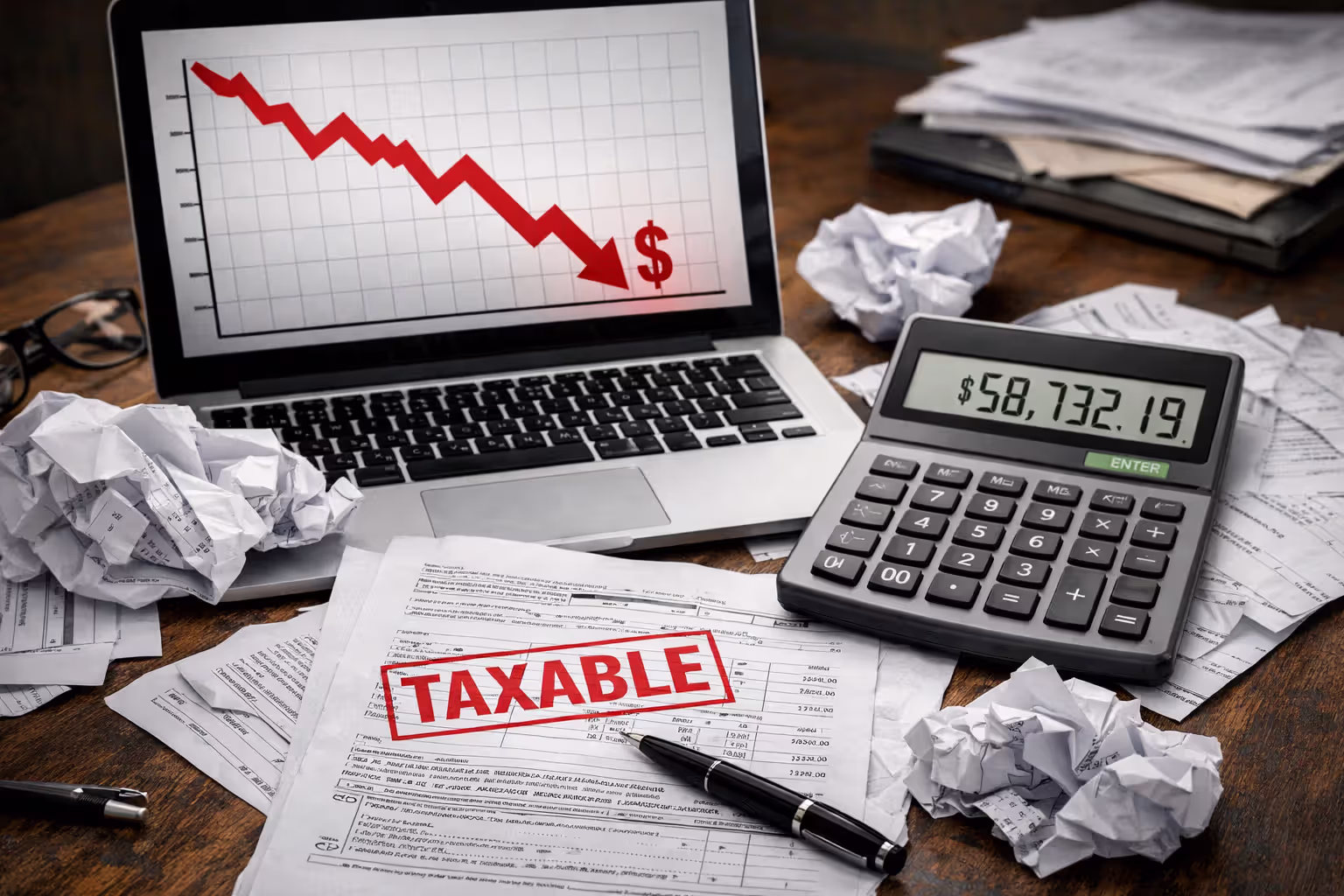 Laptop showing financial loss chart on desk with crumpled tax forms calculator and red taxable stamp representing costly tax mistakes with structured settlements