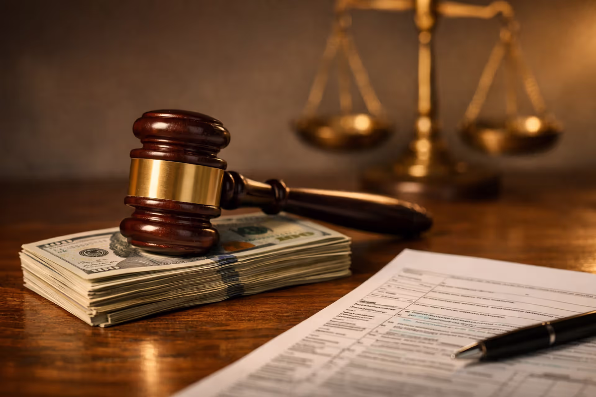 Judges gavel resting on stack of US dollar bills next to IRS tax form with scales of justice in blurred background