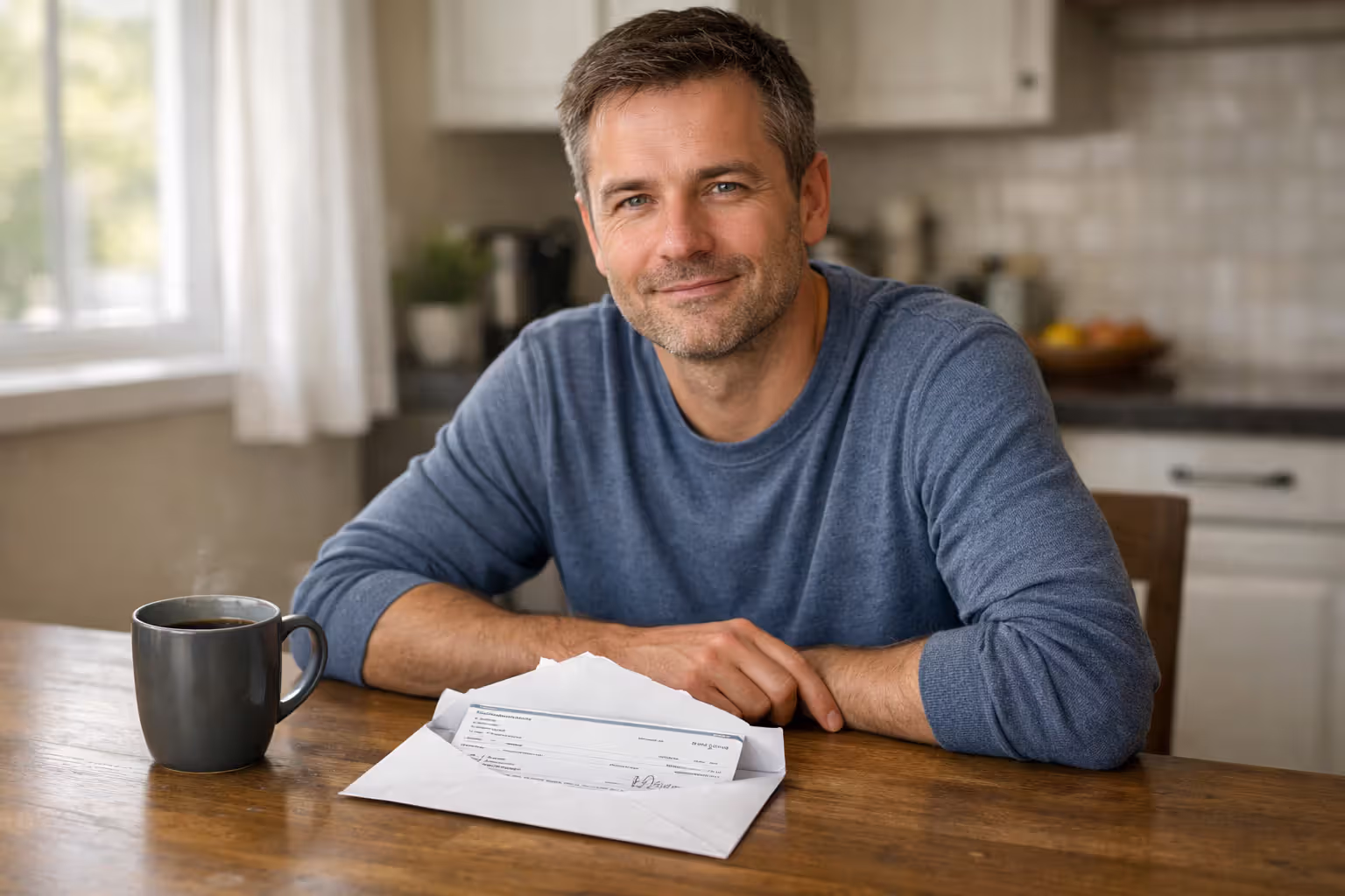 Person sitting at kitchen table calmly receiving monthly structured settlement check with calendar showing regular payment dates