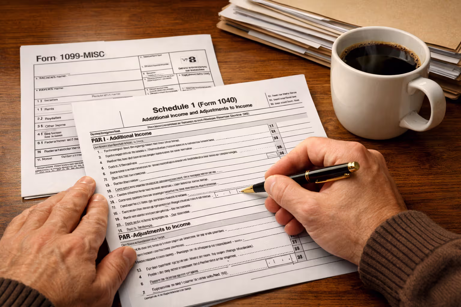 Close-up of hands filling out IRS Schedule 1 form with 1099-MISC form nearby on a home office desk