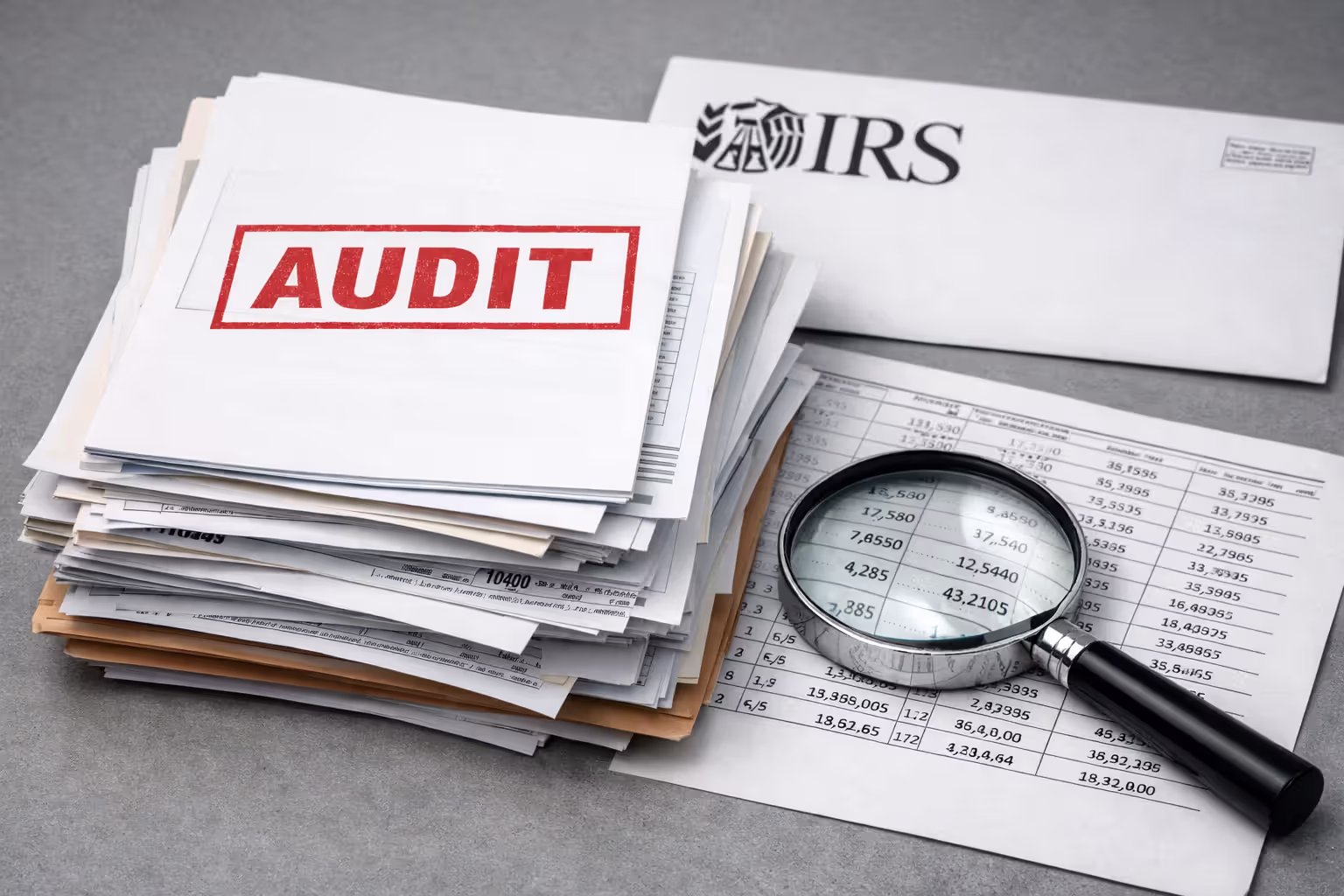 IRS audit stamp on stack of tax documents with magnifying glass and IRS envelope in background