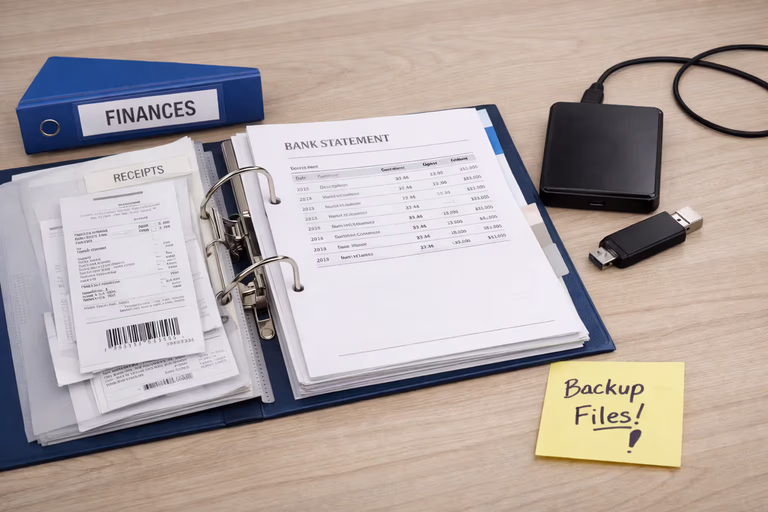 Organized document filing system with labeled binder, bank statements, receipts, external hard drive and USB flash drive for settlement record keeping