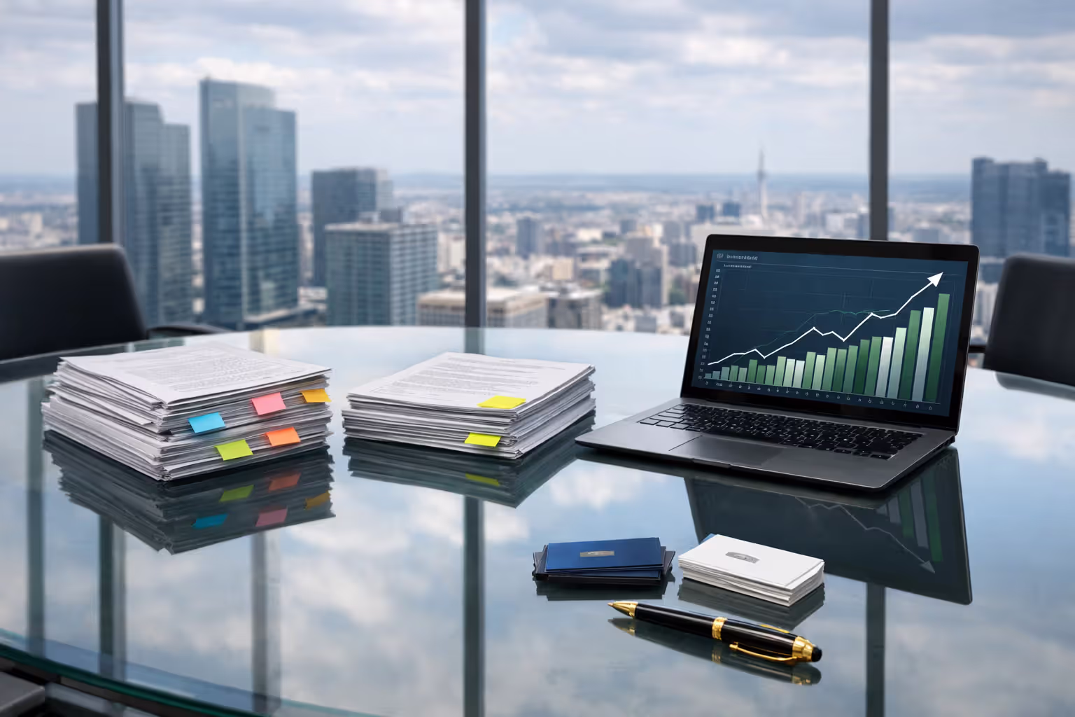 Glass conference table with organized document stacks, laptop showing investment growth charts, business cards, and a gold fountain pen with a city skyline through the window